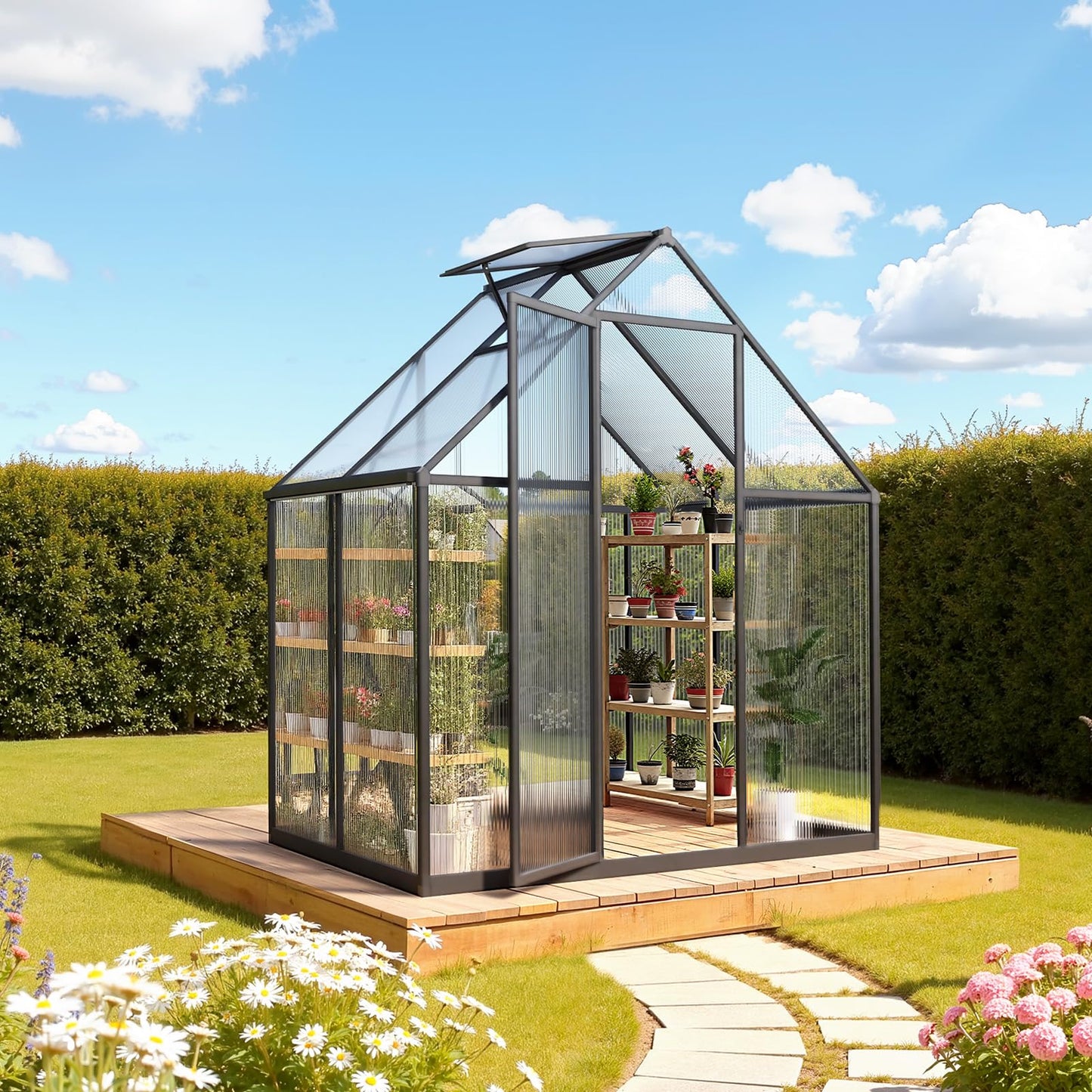 VEVOR 6 x 4 FT Polycarbonate Greenhouse, Heavy Duty Outdoor Green House with Adjustable Vent & Push-Pull Lockable Door, Quick Setup, Aluminum Frame Walk-in Greenhouse Sunroom for Outside Garden Lawn