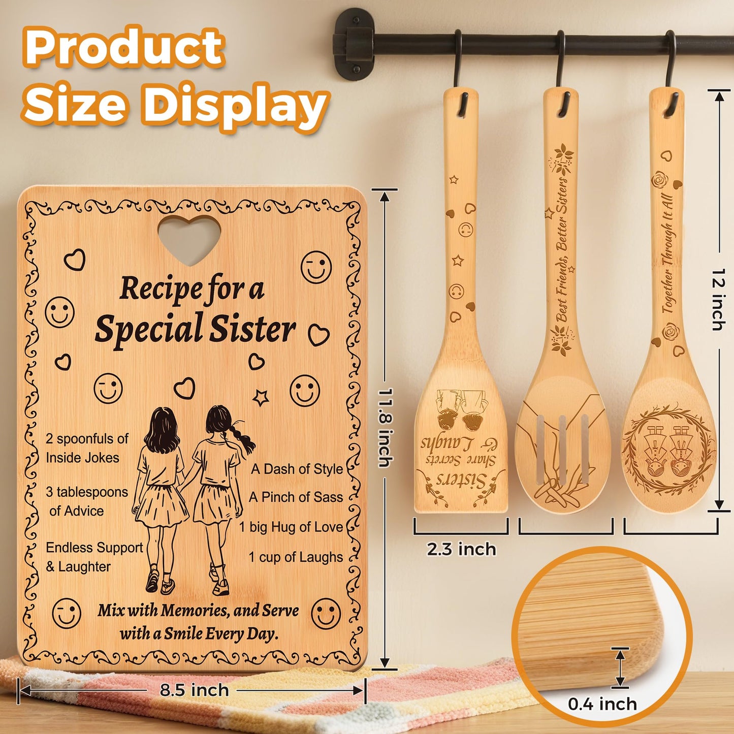 Sister Birthday Gifts from Sister - “Recipe for a Special Sister” Cutting Board Set & Engraved Utensils, Bamboo Sister Gifts for Birthday, Housewarming & Soul Sisters (FSC-Certified)