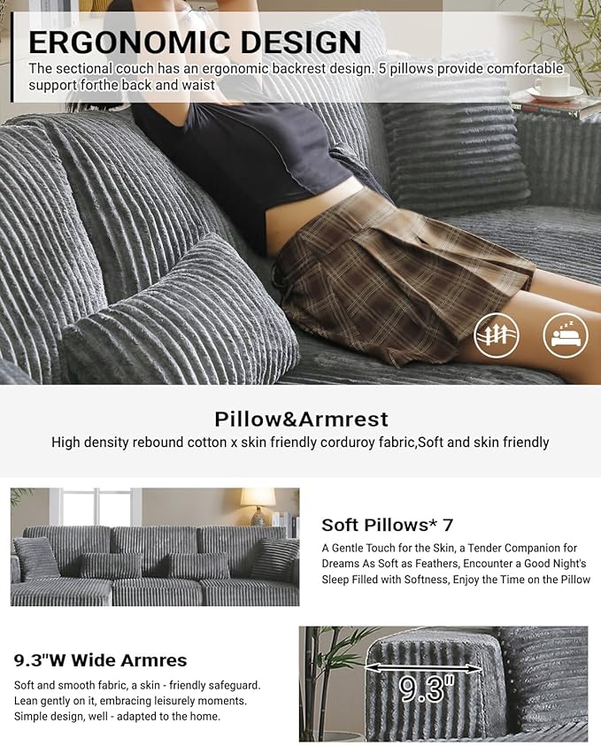 110” Modular Sectional Sofa, Cloud Sectional Couch with Deep Seat, Upholstered Boneless Couches for Living Room, Modern Modular L-Shape Sofa Couch with Chaise (Grey, 110" Left Facing Chaise)