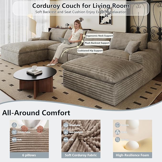 136" Cloud Sectional Couch U-Shaped Chaise with Ottoman, Corduroy Boneless Couch for Living Room Bedroom, Deep-Seat Upholstered Modular Cloud Sofa, No Assembly Required (Camel, Left Facing Chaise)