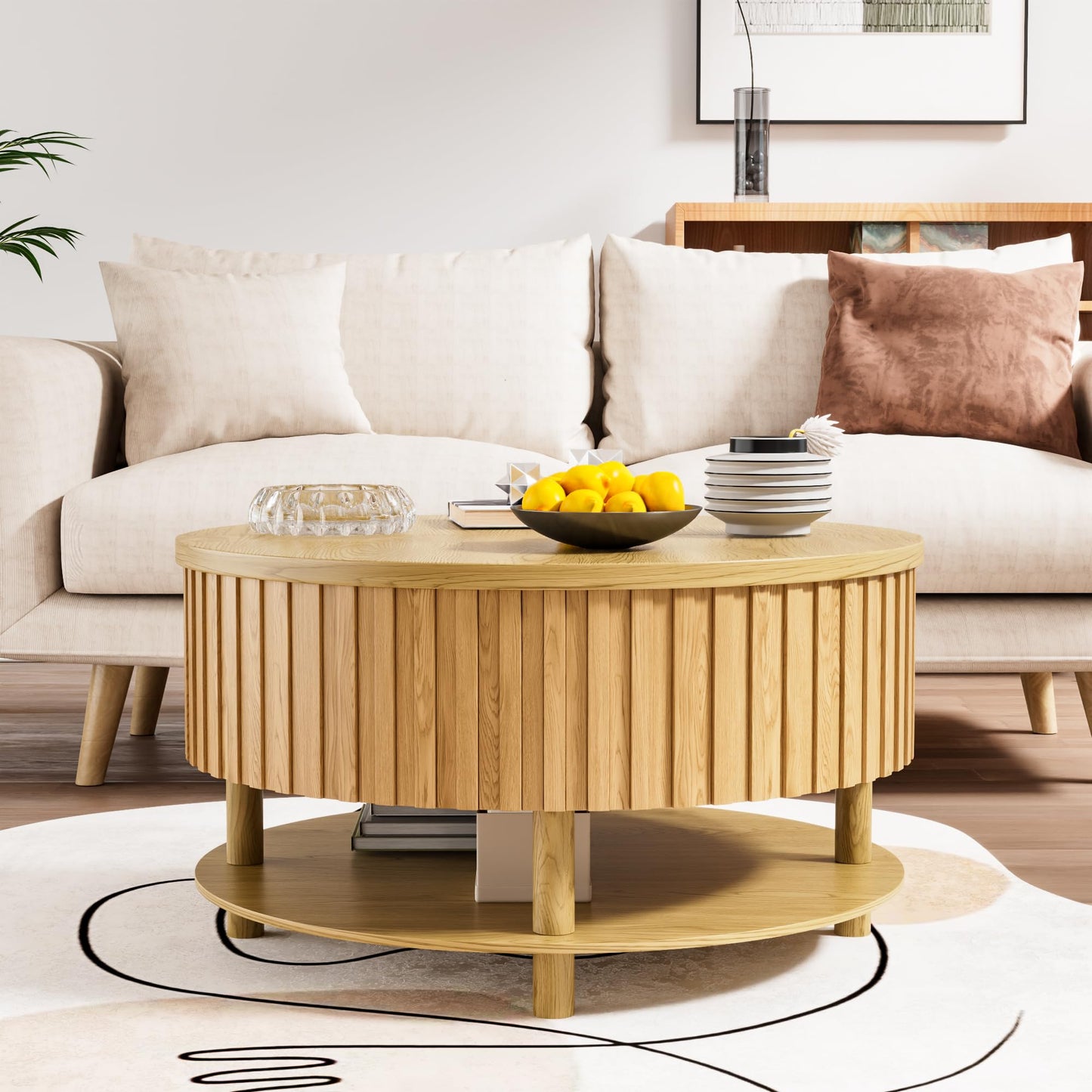 Limaoaio Round Lift Top Coffee Table with Storage, 31.5'' Modern 2-Tier Coffee Table with Hidden Storage Compartment and Open Shelf, Fluted Center Table for Living Room Home Office (Wood Color)
