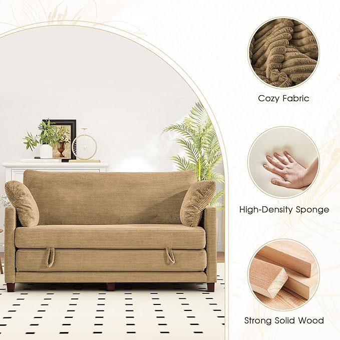 Myroyalsit 65" Convertible Loveseat Sofa Bed, 2-in-1 Folding Sofa Bed with 2 Pillow for Small Spaces, Modern Loveseat Sleeper Couch for Apartment, Living Room & Guest Room (Brown Corduroy, 65 inch)