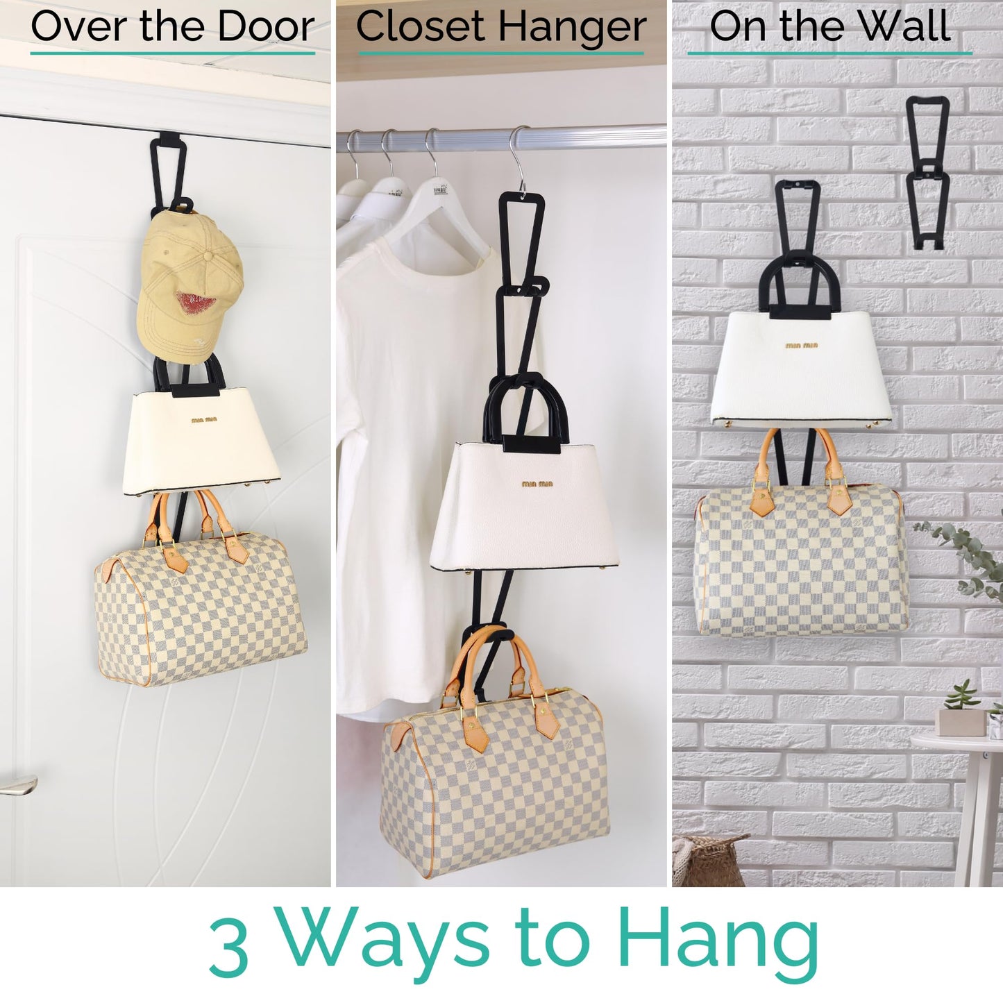 TERRA HOME Purse Hanger Closet Organizer Improved Design Bag Chain Hooks for Wall - Compact, Efficient Storage Solution for Bags, Purses, More as Over The Door, in Your Closett or Wall Mount