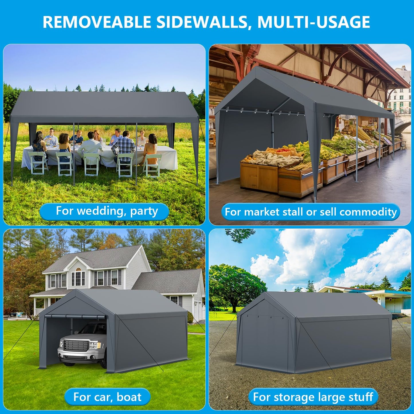 Raxmolo 12x20FT Heavy Duty Portable Carport - All-Weather Enclosed Shelter for Cars, Trucks, SUVs & Boats, Waterproof & UV-Resistant Canopy with Removable Sidewalls, Doors, Ground Stakes (Gray)