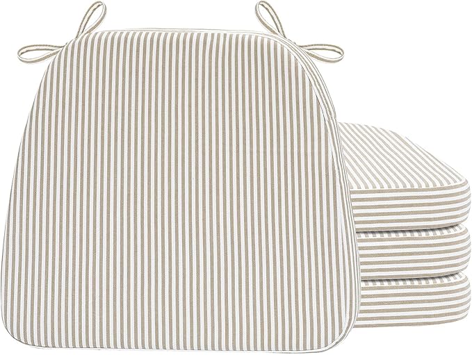AAAAAcessories D-Shaped Chair Cushions, 2" Thick Dining Chair Pads with Ties and Removable, Machine-Washable Cover, 17" x 16", Set of 4, Natural Sand Pinstripe