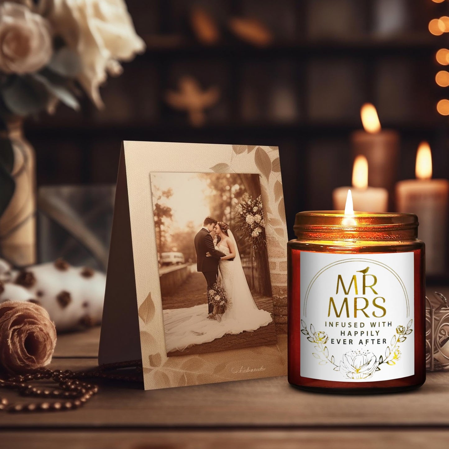 Briojoy Wedding Gifts for Bride, Groom - Mr and Mrs Candle - Happy Engagement Gift for Her, Bride to Be - Gifts for Bridal Shower, Newlywed, Married Couples Anniversary - Jasmine Scented Soy Candle