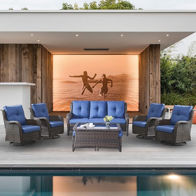 Belord Wicker Patio Furniture Sets - 8 Piece Outdoor Rattan Furniture Conversation Sets with 4 Swivel Rocker Chairs, Rattan Sofa, Wicker Ottomans and Coffee Table, Brown/Blue