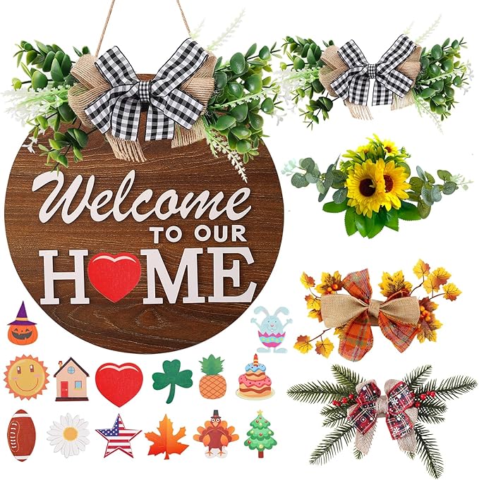 Interchangeable Welcome Sign for Front Door with 4 Seasonal Wreaths and 14 Changeable Icons, Farmhouse Front Door Signs, D...