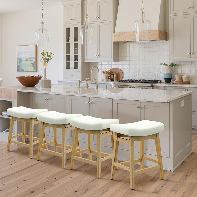 RNKSFX Counter Height Bar Stools Set of 4 for Kitchen Counter Backless Farmhouse Kitchen Island Barstools with Upholstered Faux Leather Saddle Seat and Solid Wood Legs Modern 24 inch Bar Chairs, White