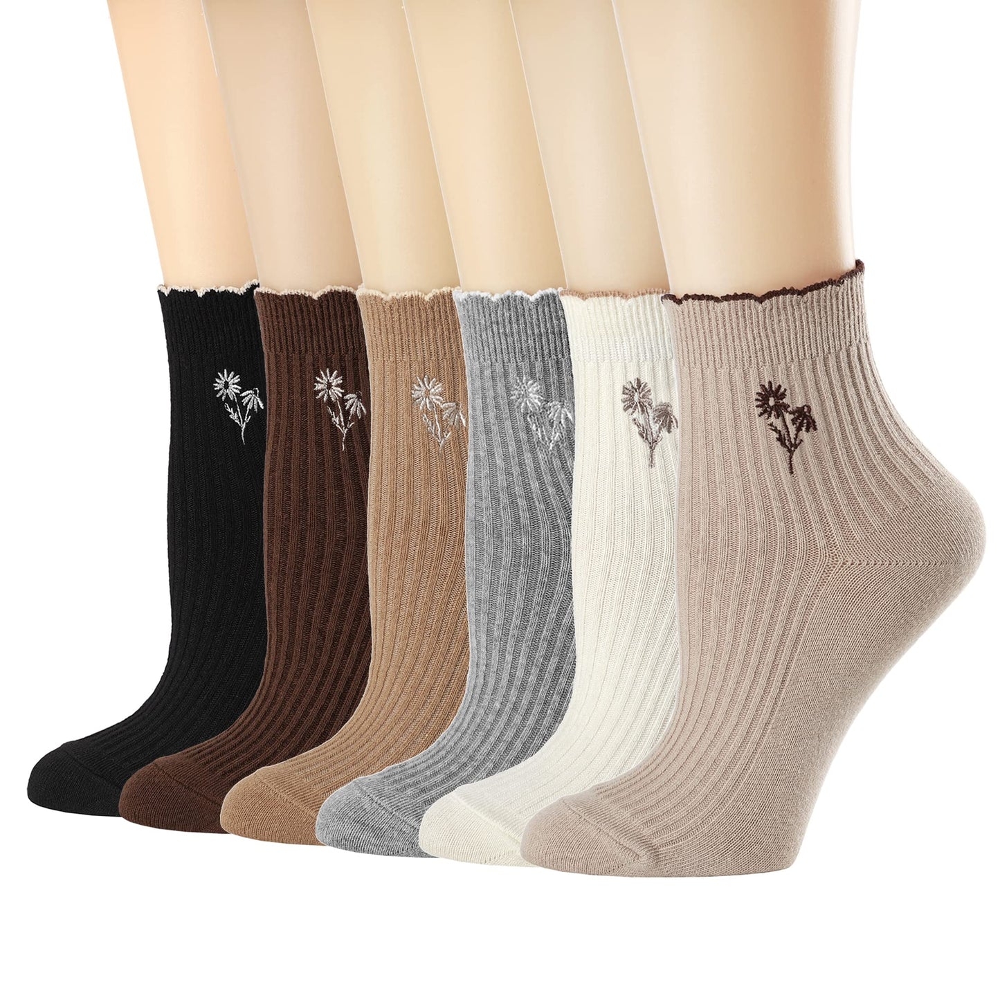Mcool Mary Women's Ruffle Socks,Casual Cute Flower Embroidered Ankle Breathable Cotton Knit Lettuce Crew Frilly Socks for Women 6 Pack