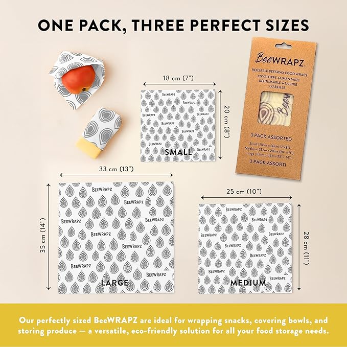 BeeWRAPZ Reusable Beeswax Wraps for Food | Eco Friendly & Organic | Vegan & Plastic-Free Food Storage | Biodegradable |Pack of 3 Beeswax Food Wraps for Wrapping Fruits & Vegetables (Grey)