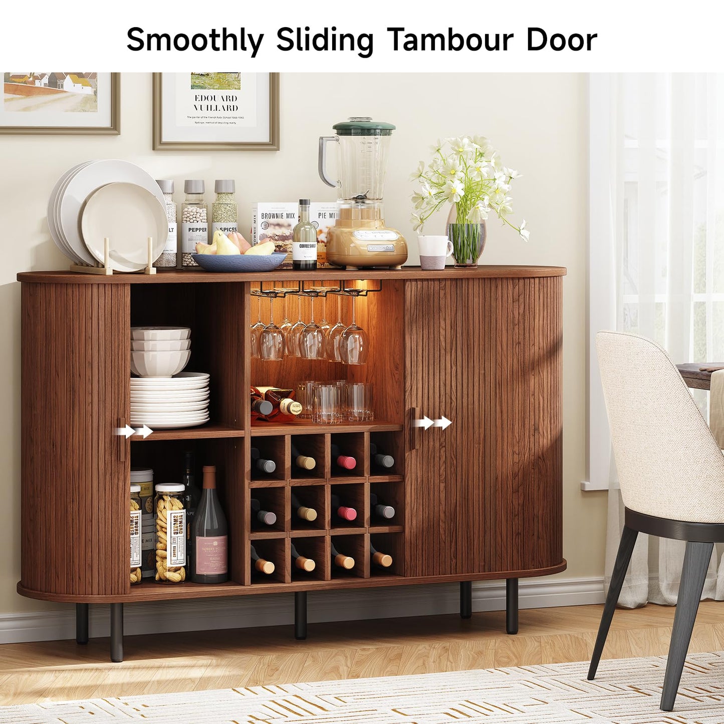 ONBRILL 55" Wine Bar Cabinet with LED Light,Modern Liquor Whiskey Coffee Station with Wine Rack and Glass Holder, Farmhouse Buffet Sideboard with Storage for Living Room, Kitchen, Entryway (Walnut)