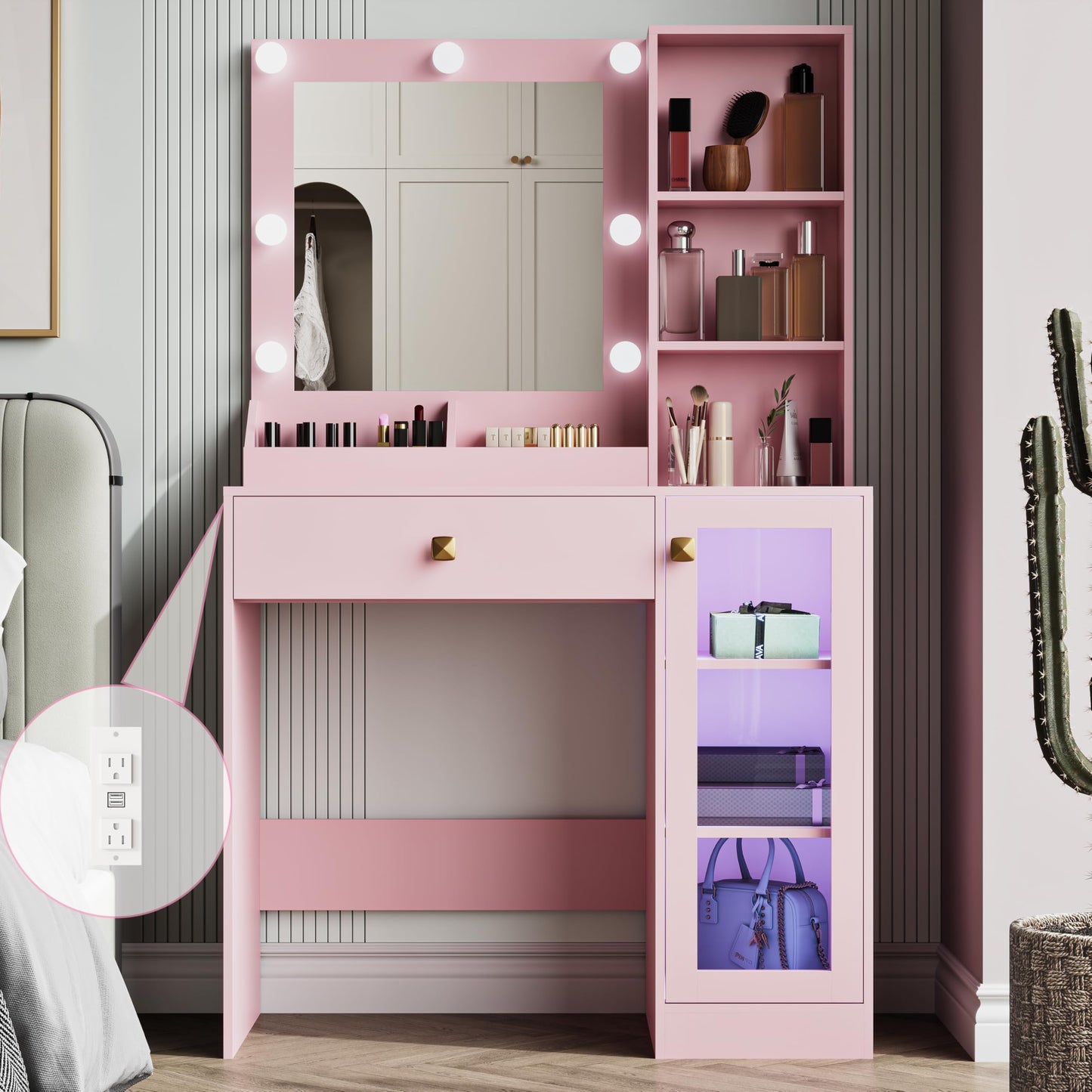 Thacuok Vanity Desk with Mirror and Lights, 33.5'' Makeup Table with Charging Station & RGB Glass Cabinet, Small Vanity with 3 Color Lighting Modes & Adjustable Brightness, Pink