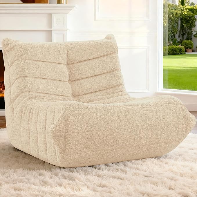HABUTWAY Bean Bag Chairs Fireside Lazy Floor Sofa, Soft Teddy Fleece Bean Bag Sofa with High-Resilience Foam Filling，Beanbag for Living Room, Bedroom, Office (Khaki Teddy)