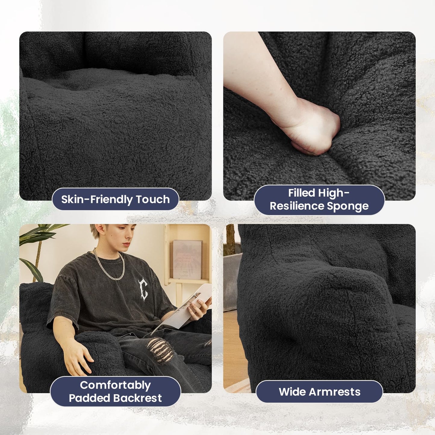 Cvortll Bean Bag Chair with Filler, Bean Bag Sofa with Tufted Soft Stuffed Filling, Fluffy and Lazy Sofa, Comfy Cozy BeanBag Chairs with Memory Foam for Dorm, Apartment, Living Room (Black)