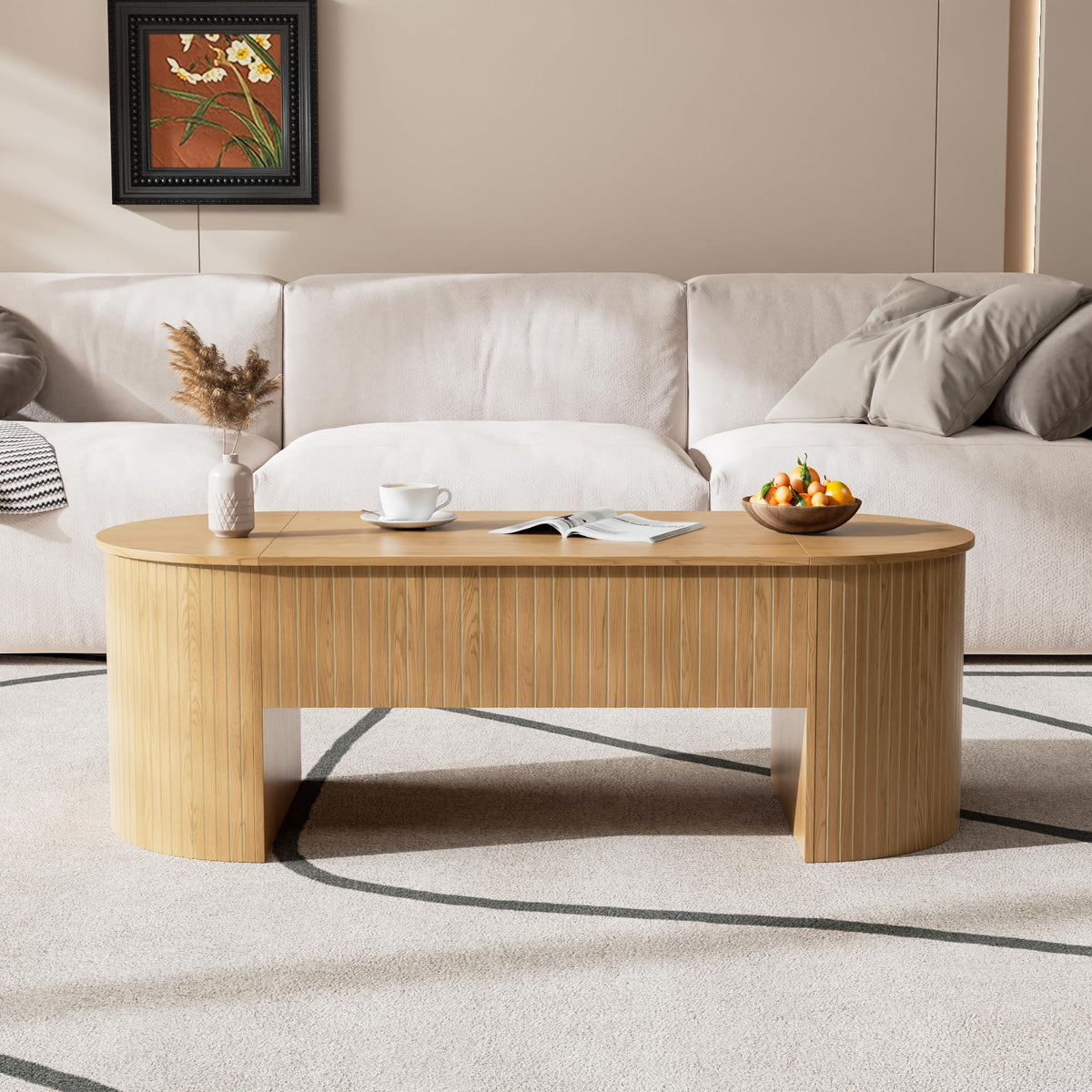 Lift Top Coffee Table with Hidden Storage Compartment, Oval Wooden Coffee Table with Lift Tabletop for Living Room, Modern Rustic Center Table for Home Office, 47 Inch (Wood)