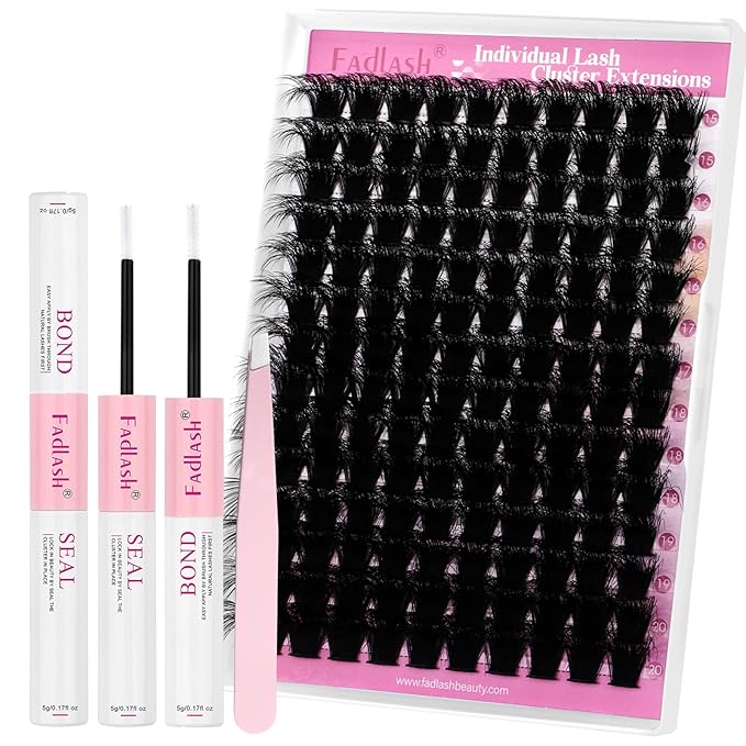 FADLASH Lash Extension Kit 200D Lash Cluster Kit DIY Eyelash Extension Kit with Lash Bond and Seal Lash Tweezers Natural Cluster Lashes Kit Individual Lashes 3D Effect (KIT, 200D-3D-07D-15-20mm)