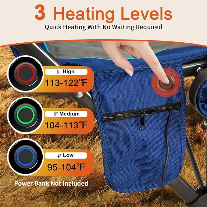Romswi Heated Oversized Camping Chairs 2 Pack with Hard Armrest Chair,Heavy Duty Supports 500LBS,Folding Chairs with Side Pockets,Cup Holder for Outdoor,Garden,Fishing (Powerbank Not Included)