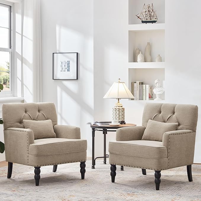 HUIMO Tufted Club Chair Set of 2 with Lumbar Pillow,Accent Chair Upholstered Button Armchair, Linen Fabric Sofa Chairs for Bedroom, Living Room, Mid Century Modern Reading Chair,Brown