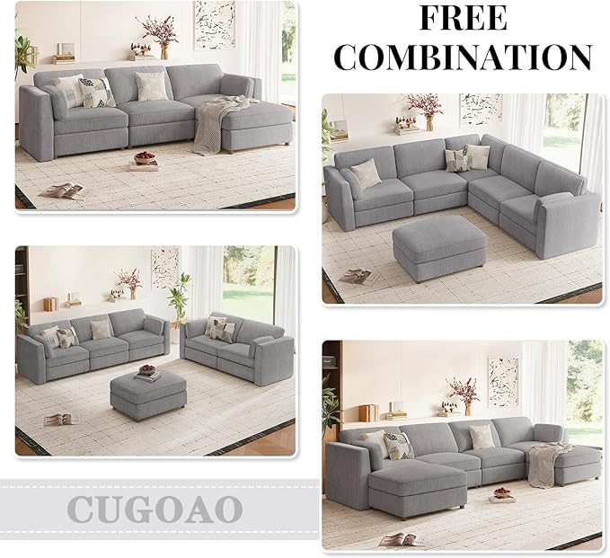 CUGOAO 153.4'' Modular Sectional Sofa Bed, Oversized Sectional Couch, Deep Seat Chenille Cloud Couch, Removable Cover, Mordern Upholstered Couches for Living Room, Apartment, Office, Grey