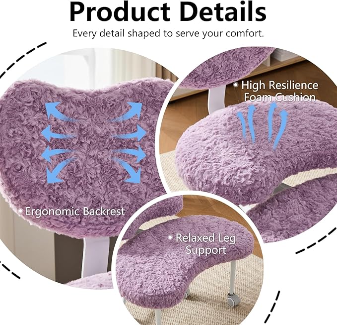 Cross Legged Office Chair with Wheels–360°Swivel Meditation Chair, Adjustable Height Yoga Office Chair for Adults, Ergonomic Kneeling Chair with Back Support for ADHD, Faux Fur, Violet