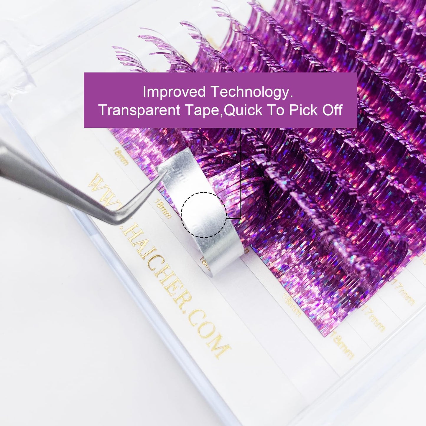HAICHER Holographic Lash Tinsel, Colored Lash Extensions CC Curl 9-18mm Mixed Lash Trays (Purple, Volume)