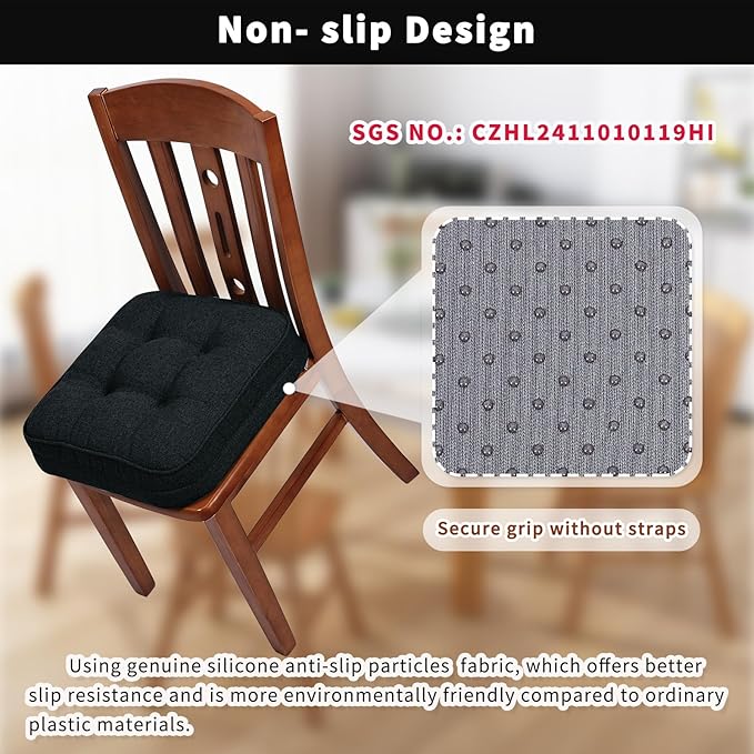 GOFORIT Memory Foam Seat Cushion，Kitchen Chair Cushions for Dining Chairs,Non-Slip Chair Pads with Removable Cover, 16'' x 16'', Black