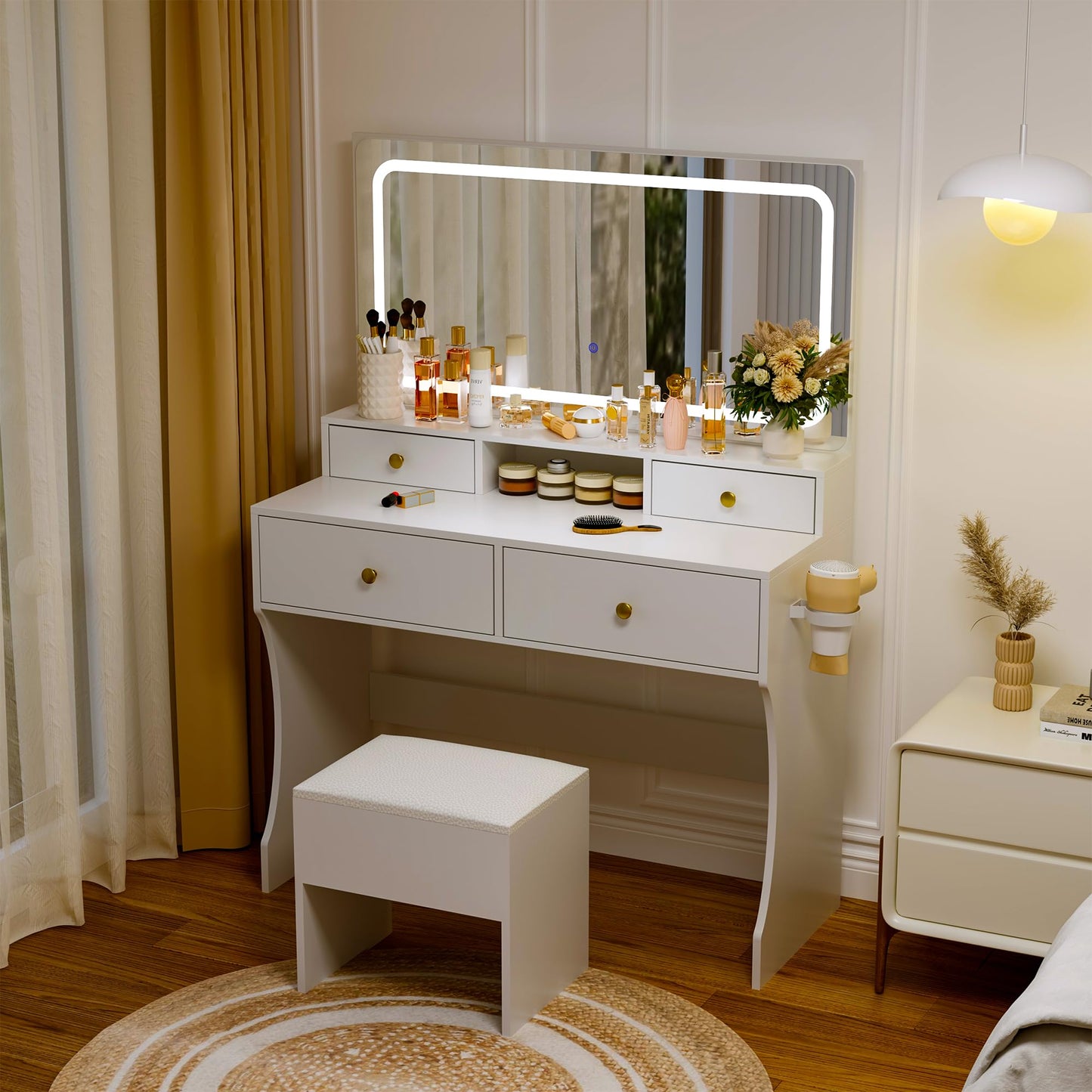 Pamapic Vanity Desk with Mirror and Lights,4 Drawers Golden Handles Makeup Vanity with Storage Stool,Power Outlet,3 Lighting Modes,Silent Slides
