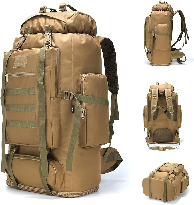 HongXingHai 70L/100L Hiking Camping Backpack MOLLE Rucksack Waterproof Daypack for Traveling (Khaki)