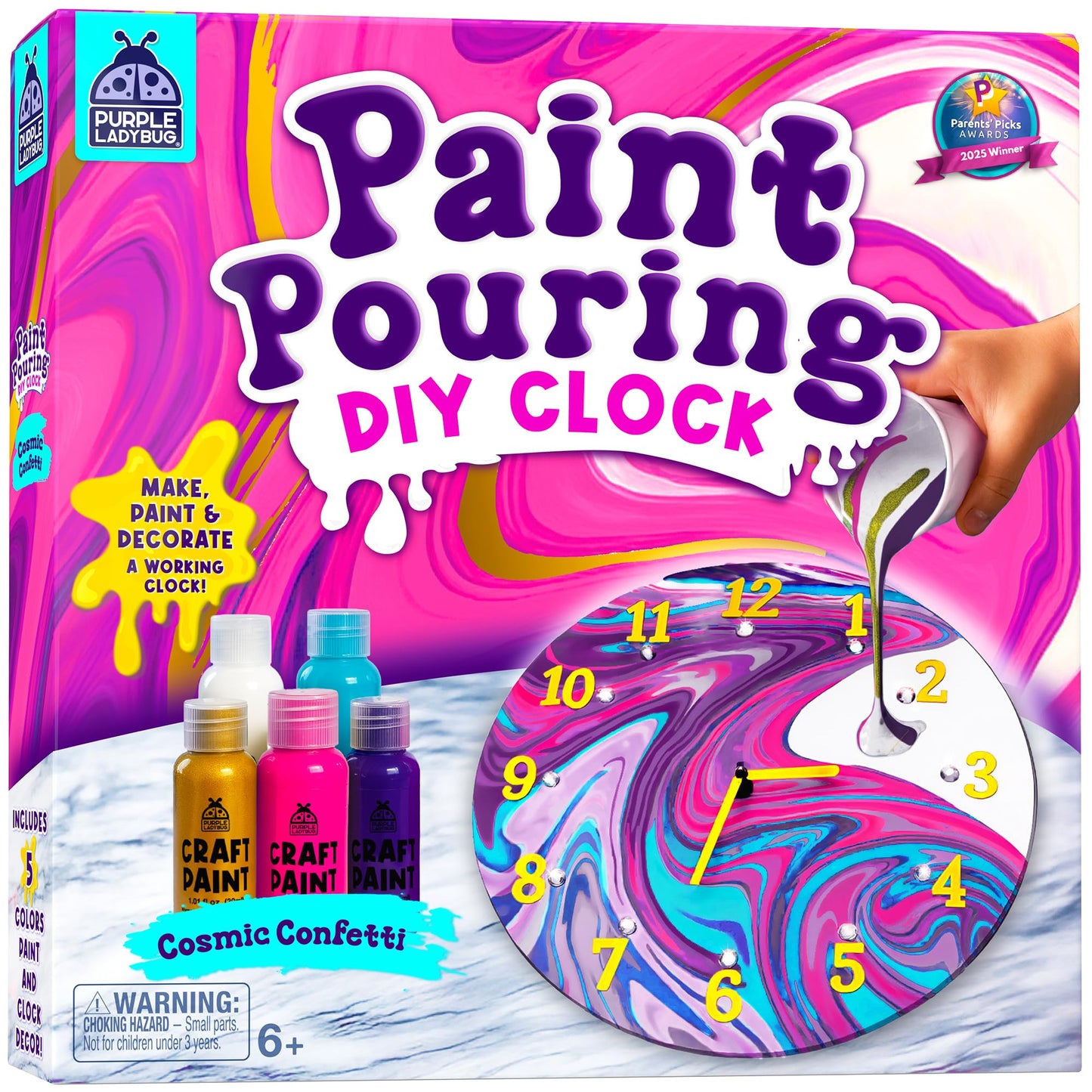 PURPLE LADYBUG Paint Pouring DIY Clock Kit - Creative Kids Painting Kit - 6 7 8 9 10 11 12 Year Old Girl Gift Ideas, Birthday Gifts for 8 Year Old Boys & Gifts for Teen Girls - Fun Crafts for Kids 6-8