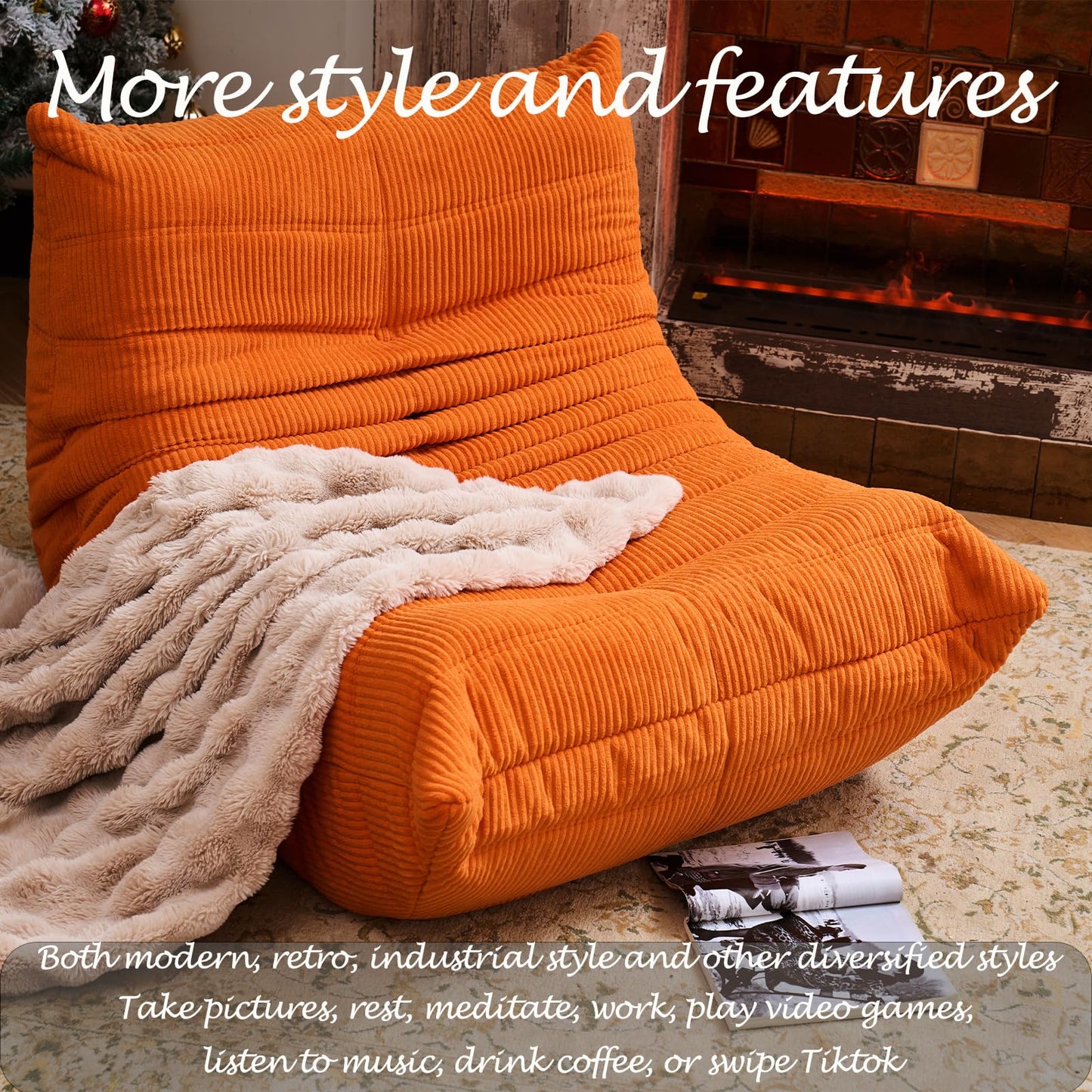 CXC Orthopedic Memory Foam Bean Bag Chair - Fireside-Ready Floor Sofa with Non-Slip Base for Game Room, Cozy Living Rooms & Back Pain Relief (Valencia-Orange, Velvet)