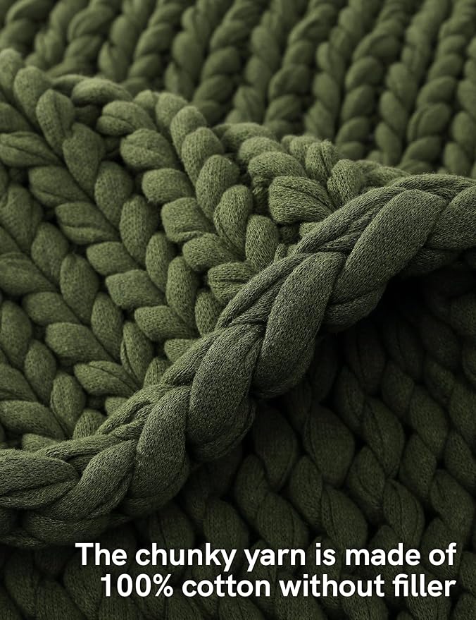 YnM Cotton Weighted Blanket, Handmade Chunky Knitted Design, Soft and Cozy, Temperature Regulating and Breathable, Machine Washable Throw for Sleep or Home Decor (Pine Green, 80x84 Inch, 35lbs)