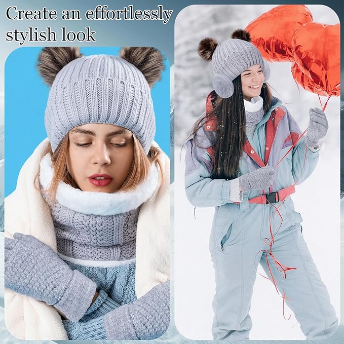 SATINIOR 5 Pcs Winter Hat Scarf Gloves Set Fleece Warm Lined Knit Beanie Hat Touch Screen Earmuff Gloves Warmer for Women(Grey,Cute Style)