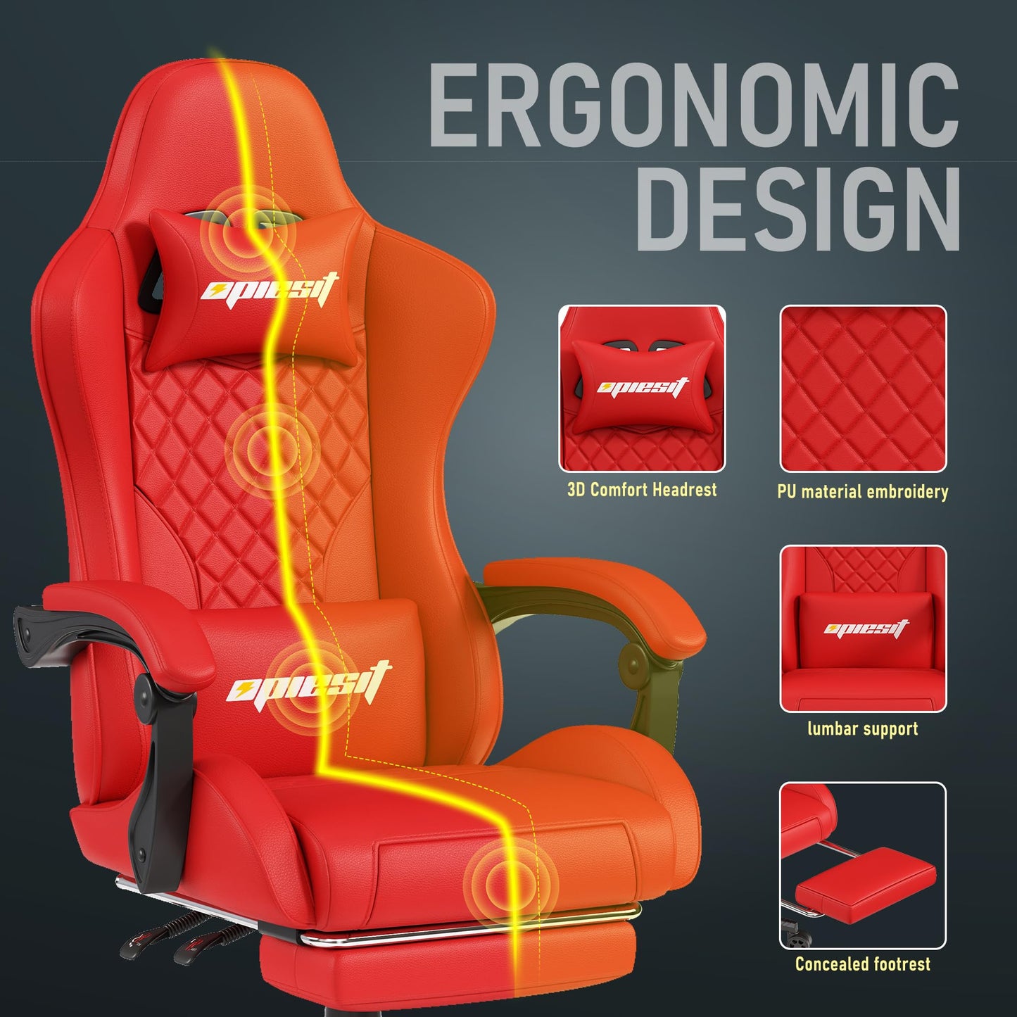 Opiesit Gaming Chair for Adults, Ergonomic Office Computer Chairs with Pocket Spring Cushion, PU Breathable Materials Video Game Chair, Linkage Armrest and Footrest Game Chairs Red