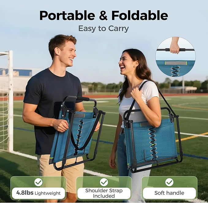 GREEN PARTY Portable Folding Stadium Seats Extra Wide 20.1" Chair for Bleachers Set of 2 with 2 Storage Pockets & Mesh Cup Holder, 600D Oxford Fabric Comfortable Padded Cushion Back Support Blue Grey