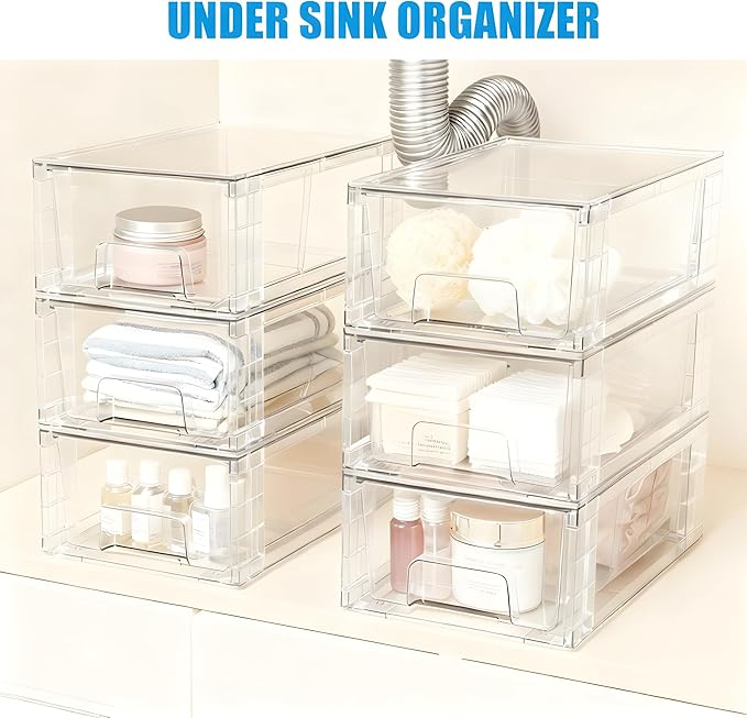 4 Pack Stackable Storage Drawers,Plastic Organizers Bins, Drawers Storage with Handles and Movable Dividers for Organization and Storage in Fridge,Dressers, Pantry, Kitchen Cabinets, Under Sink