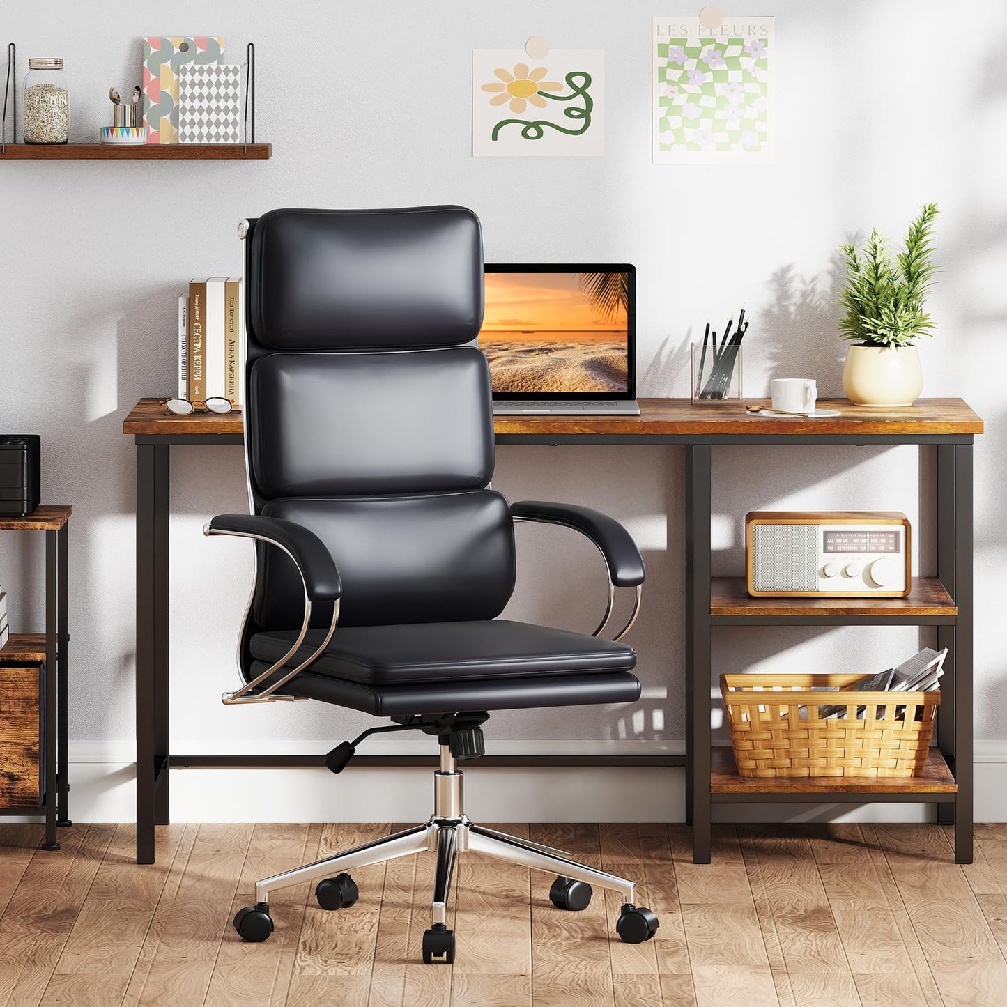 Giantex Ribbed Office Chair, High Back Ergonomic Desk Chair with Wheels & Rocking Function, Swivel Leather Desk Chair w/Arms & Removable Lumbar Support & Seat Cushions, Modern Executive Chair, Black