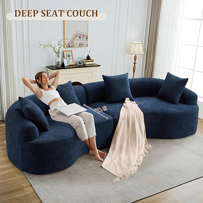 110" Oversized Modern Curved Cloud Sectional Sofa, Luxury Plush Chenille 4-Seater Deep Wide Seat Couch with 4 Pillows, No Assembly Needed Apartment Living Room Furniture, Blue