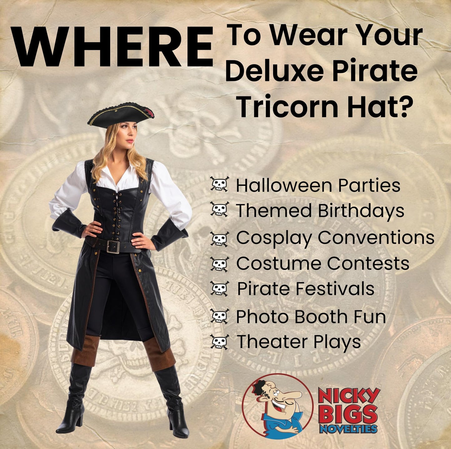 Nicky Bigs Novelties Adult Deluxe Black Tricorn Tricorner Pirate Hat Buccaneers Cap Costume Accessory