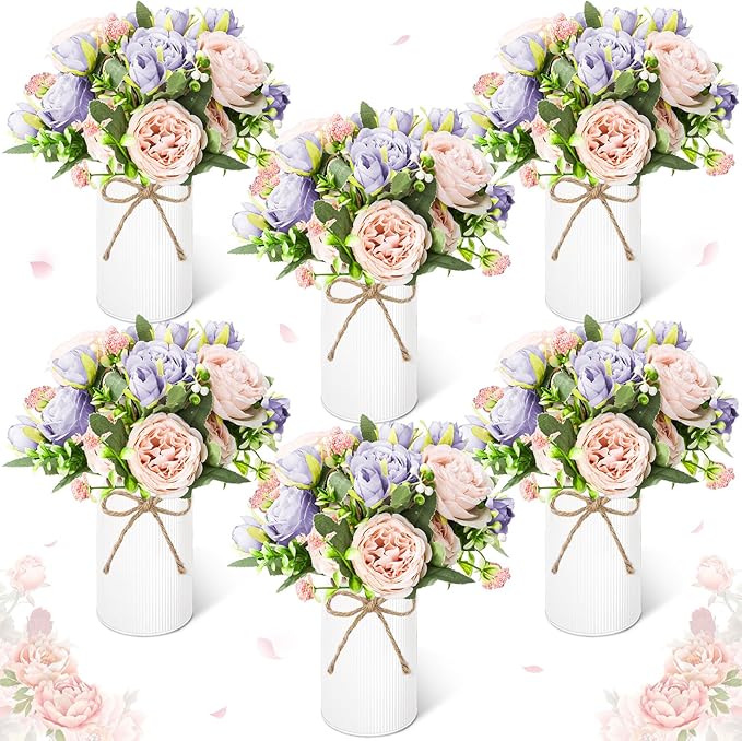 Domensi 6 Sets Wedding Floral Centerpiece for Table Decor, Artificial Peonies Silk Flowers Bouquet with Flower Foam and Me...