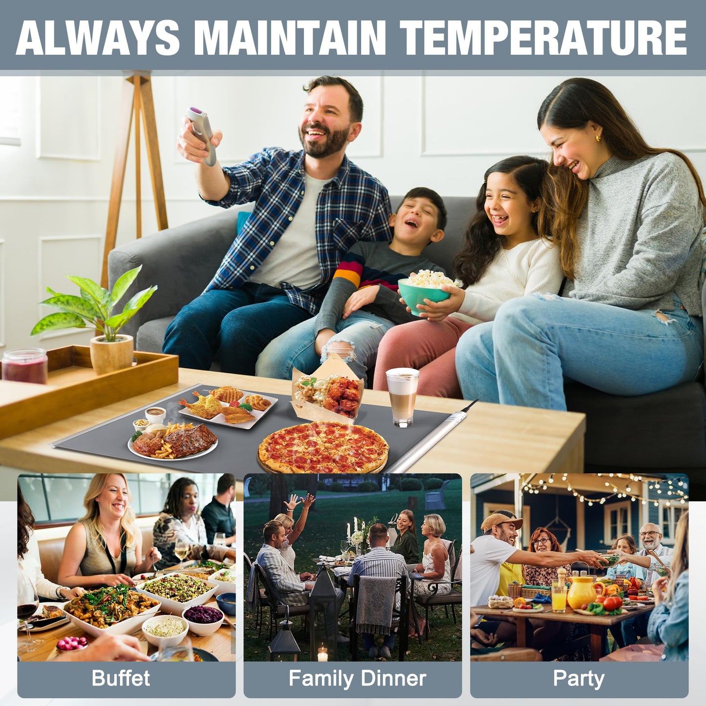 HAUSHOF Warming Mat for Food, Electric Extra Large Food Warming Mat for Countertop, Fast Heating Warming Tray for Buffets Party, 3 Level Temperature Heating Mat, Rollable, Portable, Auto Off