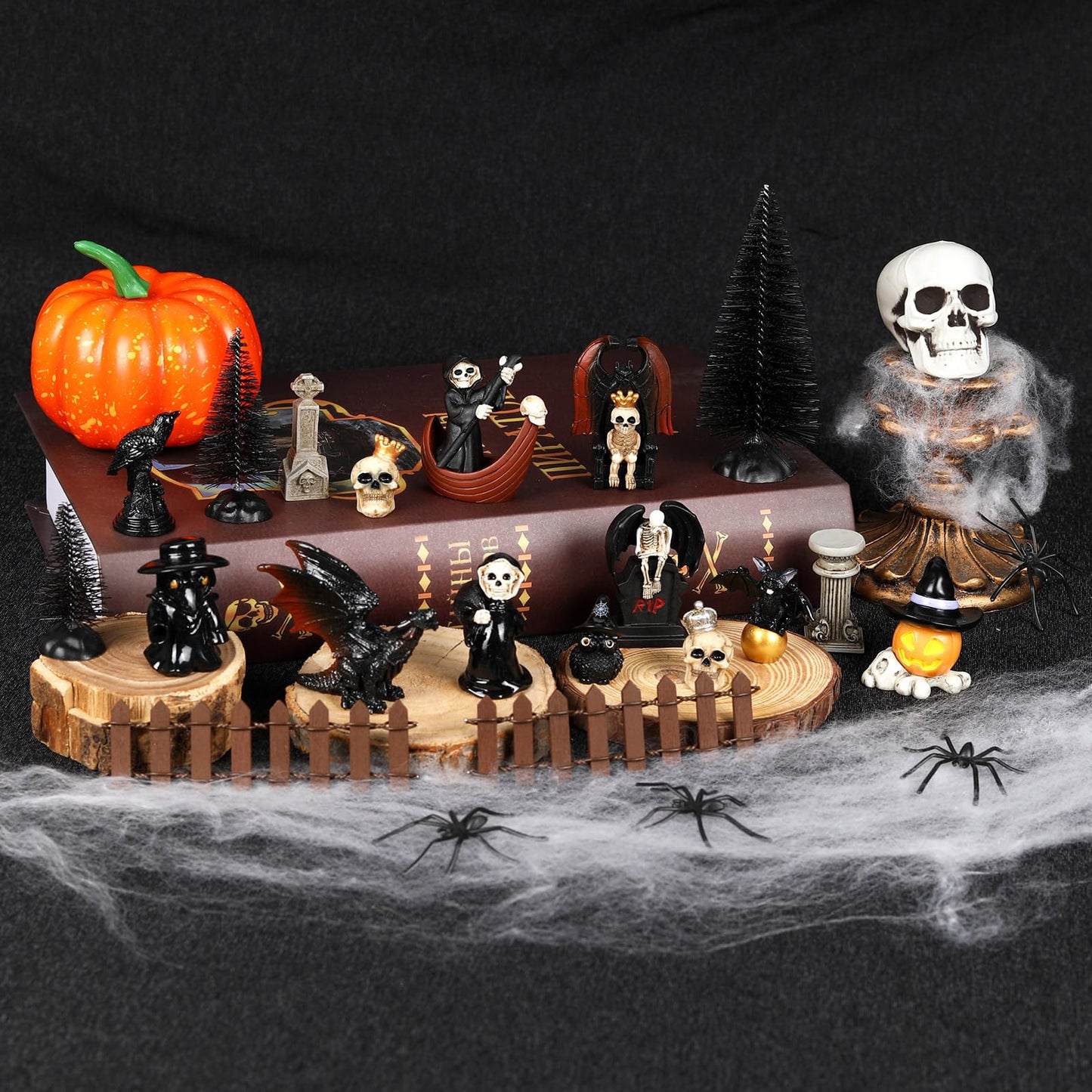 IESCOO 20 Pcs Halloween Miniatures Figurines, Mini Resin Skeleton Pumpkin Ghost Crow Bat Dragon Tombstones Tree Decorations for Halloween Village Garden Crafts Home Decor Accessories