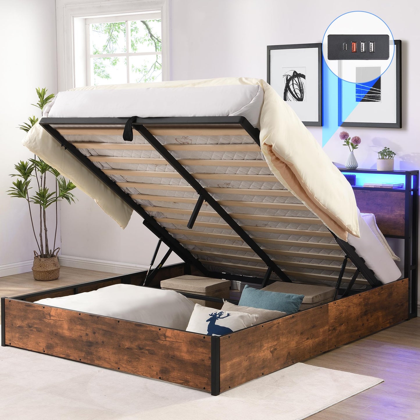 Queen Size Lift Up Storage Bed Frame with Charging Station, Wooden Platform Bed Frame with with Bookcase Headboard & LED Lights, Heavy Duty Metal Slats Support, Hydraulic Storage, Noise-Free, Brown