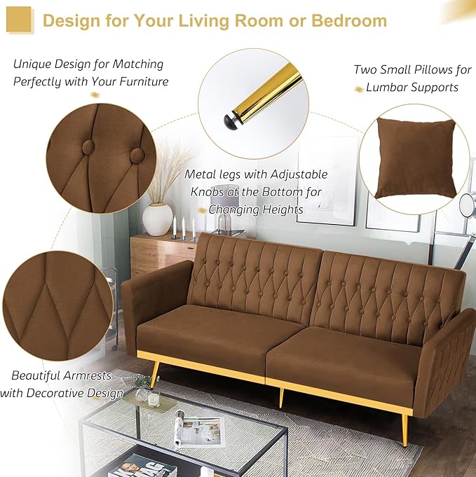 ACMEASE 70” Velvet Futon Sofa Bed with 2 Pillows and Adjustable Armrests, Convertible Sleeper Bed W/Adjustable Backrests, Modern Loveseat for Living Room, Bedroom, Brown
