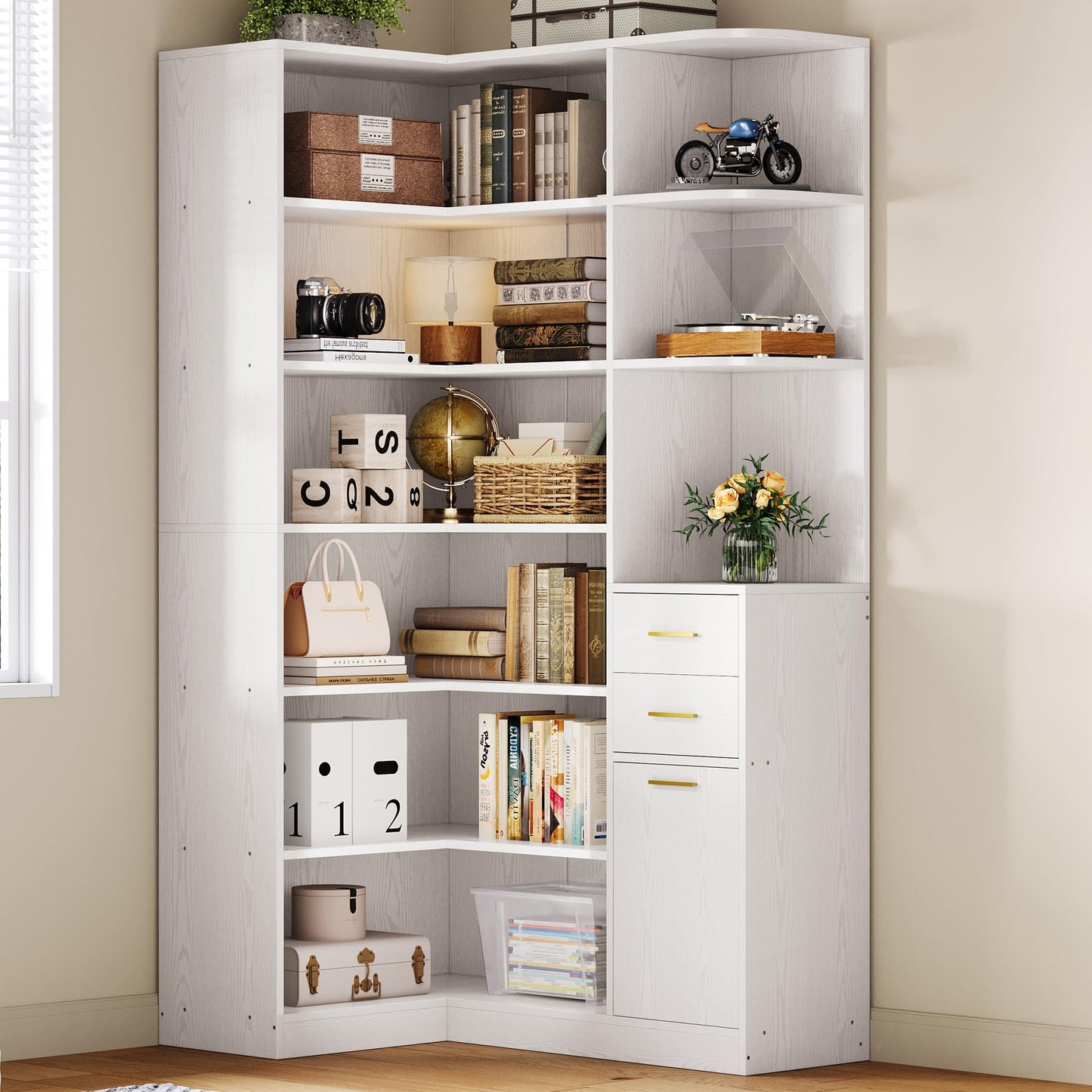 IRONCK Corner Bookshelf, 76" Tall Corner Bookshelves, 6 Tiers L-Shaped Bookcase with 10 Open Shelves and 2 Storage Drawers for Living Room or Home Office