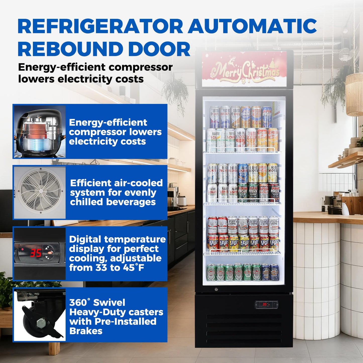 Bluelinecool Commercial Refrigerators 9 Cu.Ft Upright Merchandiser Drink Cooler – Glass Door Beverage Fridge with LED Light, Adjustable Shelves, Lock Wheels – Display Refrigerator for Beer, Bar, Shop