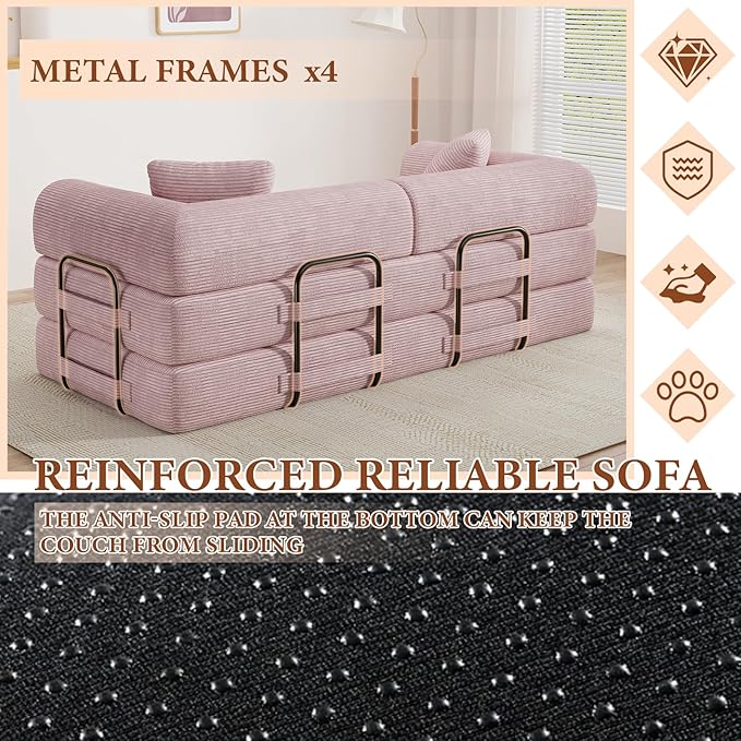 77" Convertible Sofa Bed, Modular Folding Futon Corduroy Floor Foam Compressed Loveseat Sleeper Sofa Couch, Pull Out Queen Size Couch Bed with 2 Pillows for Living Room Guest Room Studio, Pink