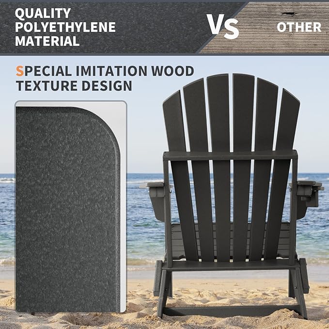 FUNBERRY Folding Adirondack Chair, All Weather HDPE Fire Pit Chairs with Cup Holder for Outdoor
