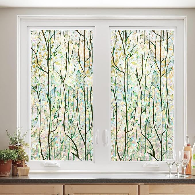 Finnez Window Privacy Film Window Film 3D No Glue Glass Sticker for Glass Door Home and Office Heat Control Anti UV (45.2 Inch x 13.1 Feet, Rainbow Grove)