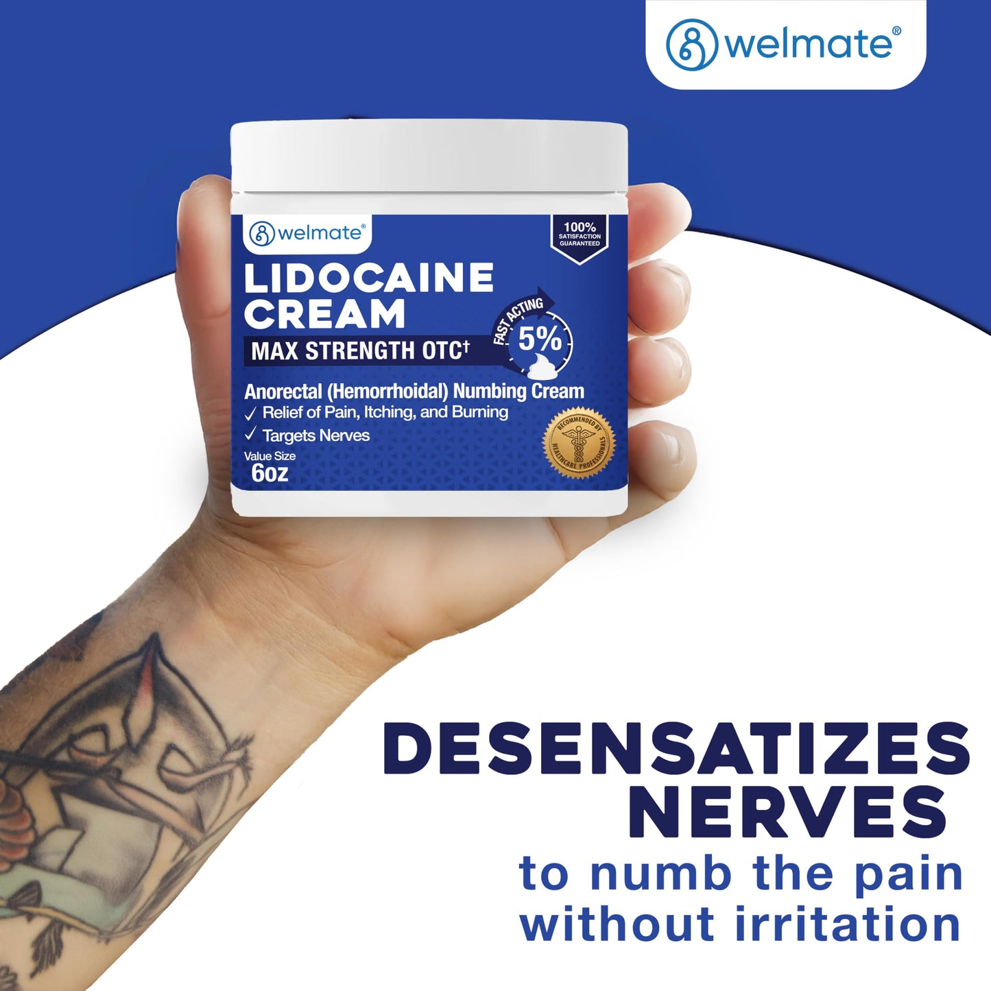 WELMATE 5% Lidocaine Hemorrhoid Numbing Cream, 2 Pack – 6 oz (170 g) Each – Maximum Strength Topical Anesthetic for External Hemorrhoid Relief – Vitamin E – Child-Resistant, Non-Greasy
